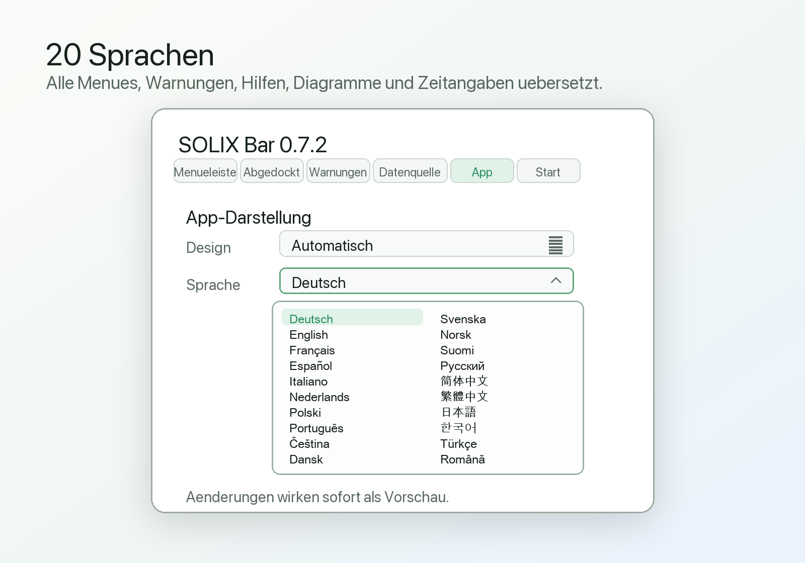 SolixBar Sprachauswahl mit 20 vollstaendig uebersetzten Sprachen
