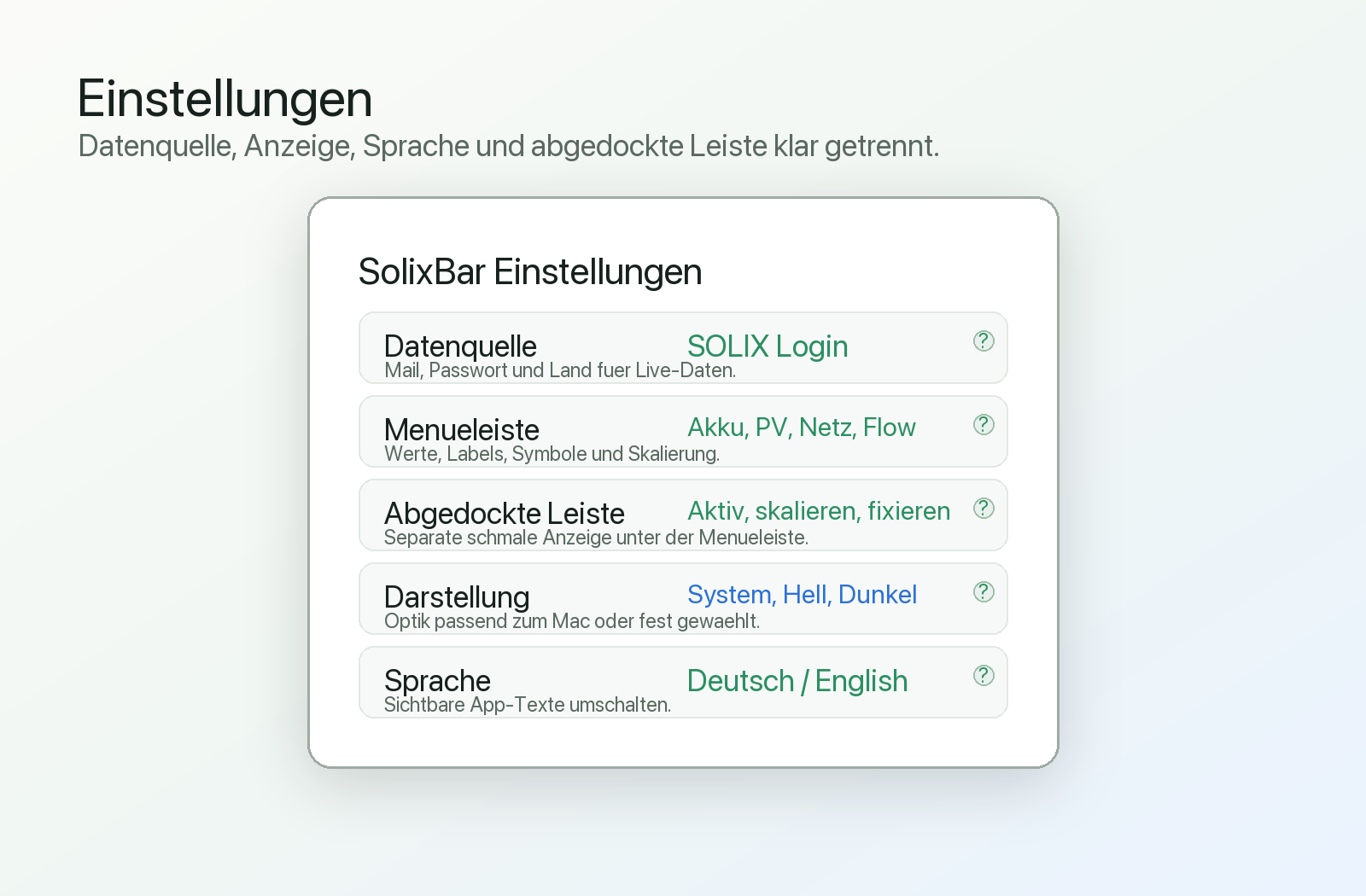 SolixBar Einstellungen fuer Datenquelle, Menueleiste, Darstellung und Sprache